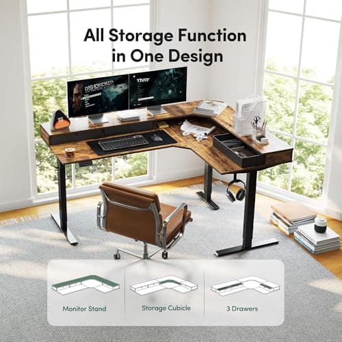 FEZIBO L Shaped Electric Standing Desk, 63x48 inch Large with Drawers | Reversible Tabletop, 2 Memory Height Settings | Home Office & Gaming Height-Adjustable Table, Rustic Brown（2 Packages） — view 6