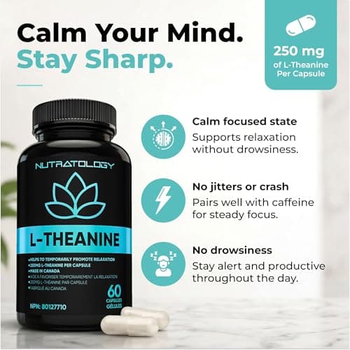Nutratology® L-Theanine 250MG Capsules | Canadian-Made | For Stress Management | Promotes Relaxation & Calmness Without Drowsiness - L-Theanine Supplement for Stress Relief | 60 Capsules — view 2