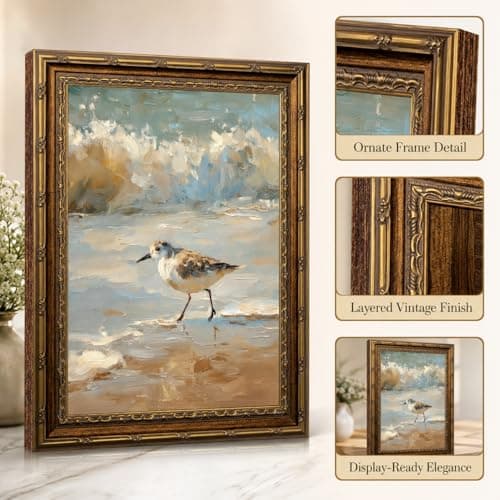 Vintage Framed Coastal Wall Art,Beach Sandpiper Bird Oil Painting, Antique Gold Ornate Frame, Seaside Ocean Waves Canvas Decor for Beach House, Bathroom, Living Room 11" L x 9" W — view 3