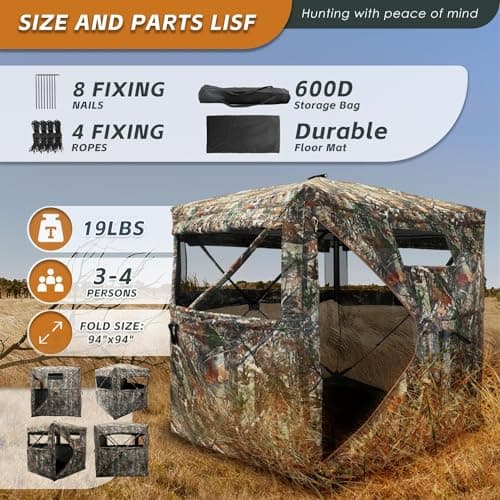 FUNHORUN Hunting Blind with Floor Mat, 360 Degree See Through Ground Blind for Deer/Turkey Hunting, 3/4 Person Pop Up Camouflage Tent with Carrying Bag — view 6