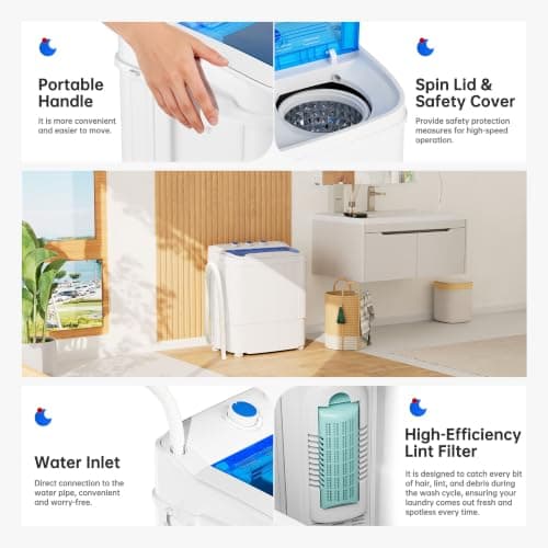 Superday Portable Washing Machine with Upper and Lower Drainage Mode, 16 Lbs Compact Mini Washer and Dryer Combo,Twin Tub Washing Machine Laundry for Apartments RVs and Dorms(Blue) — view 4