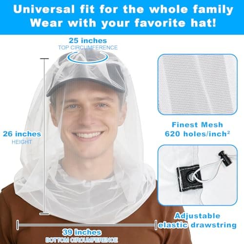 TUPI Premium Mosquito Head Net Mesh, 2 Pack Bug Face Net for Fly & Mosquito Protection | Ultra Large & Long, Finest Holes for Camping, Hiking, Fishing, Gardening, Safari, Fits All Hats for Men & Women — view 4
