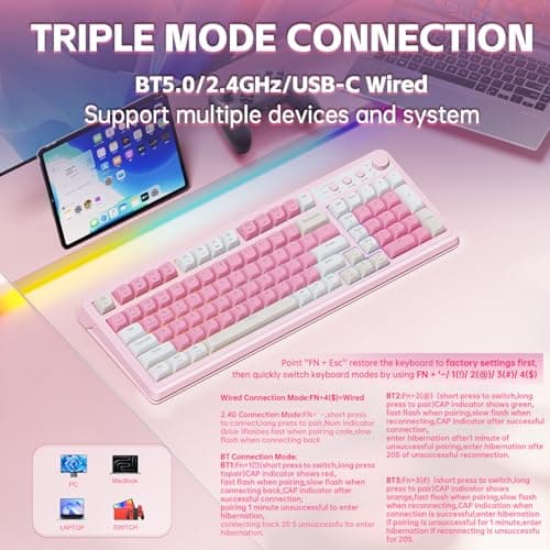 AULA 99 Key Keyboard, Wireless Gaming Keyboard Bluetooth Computer Keyboards Creamy Cute with Number Pad RGB Backlit Tri-Mode BT/2.4GHz/USB-C - Pink — view 2