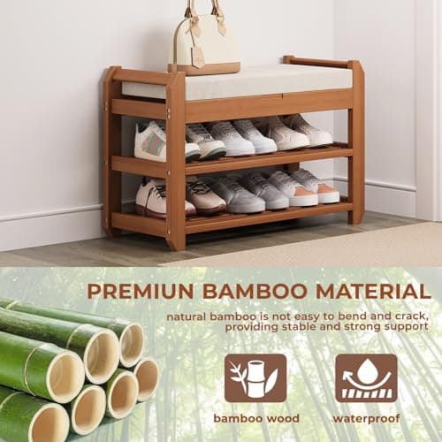 ACSWOD 27.6" Bamboo Shoe Bench with Cushion, 2-Tier Storage Bench for Entryway, Heavy Duty Shoe Rack Organizer with Removable Soft Cushion for Living Room Bedroom Hallway — view 3