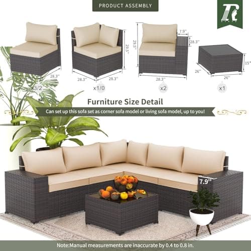 RTDTD 6 PCS Outdoor Patio Furniture Set,Outdoor Sectional Furniture All Weather PE Rattan Wicker Patio Conversation Set with Coffee Table and 5 Thickened Cushions,Brown — view 5