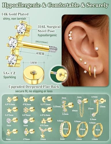 Hypoallergenic Flat Back Earrings 14K Gold Plated Cartilage Earring Stacks for Sensitive Ears Surgical Steel Small Huggie Hoops Flatback Stud Earrings Set for Multiple Piercing Jewelry 14k Gold Plated