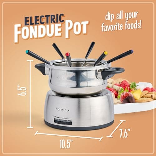 Nostalgia FPS200 6-Cup Stainless Steel Electric Fondue Pot with Temperature Control, 6 Color-Coded Forks and Removable Pot - Perfect for Chocolate, Caramel, Cheese, Sauces and More