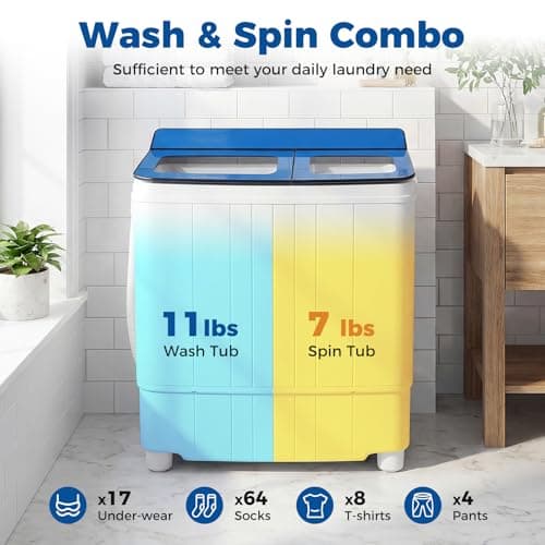 Giantex Portable Washing Machine, 18LBS Twin Tub Mini Compact Laundry Washer Spinner Combo with Drain Pump, 11Lbs Washer and 7Lbs Spinner for Apartments, RVs, Dorms, Blue+White — view 2