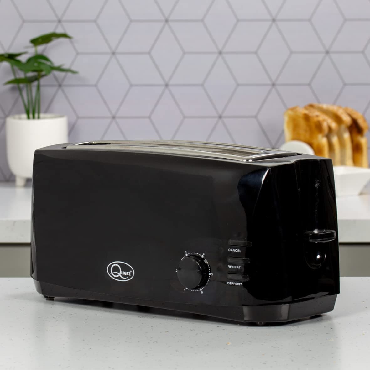 Quest 4 Slice Toaster Black - Extra Wide Long Slots for Crumpets and Bagels - 6 Settings - Reheat and Defrost — view 8