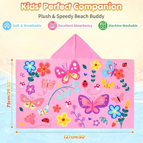 Pinksheep Hooded Bath Towel for Girls Age 3-10,100% Cotton Butterfly Toddler Towel with Snap Buttons,Super Soft and Absorbent Kids Beach & Swim Towel 30x50 Inches — view 3