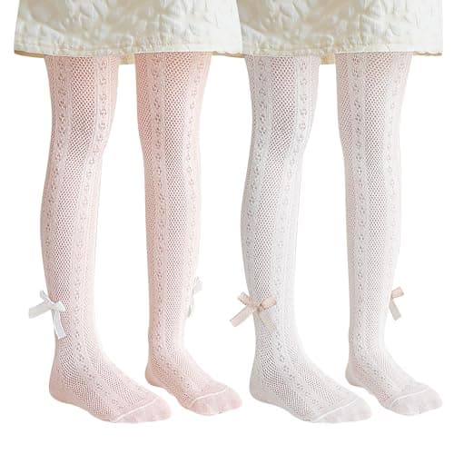 Miipat Baby Girl Tights Toddler Footed Leggings Bowknot Mesh Lace Stockings 2 Pack Little Kids Hollow Pantyhose(WhitePinkBowTie,6-12M)