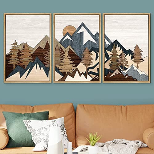 SIGNFORD Mountain Framed Wall Art, Abstract Wall Art, Rustic Wall Art, Forest Wall Art, Landscape Wall Art - 16"x24"x3 Panels