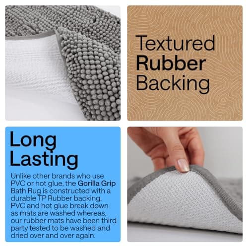 GORILLA GRIP Bath Mat, Thick Soft Absorbent Chenille Floor Mats, Rubber Backing Bathmat, Quick Dry Rug, Machine Washable Rugs for Shower and Tub Floors, Bathroom Accessories Decor, 61x43 cm, Grey — view 2