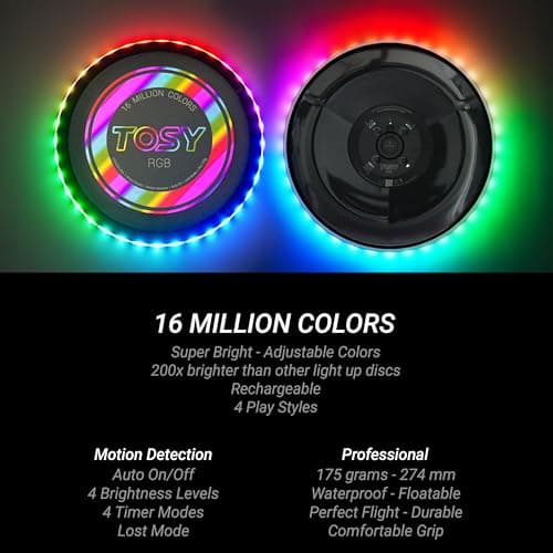 TOSY Flying Disc - 108 RGB Multicolor LEDs, Super Bright, Smart Modes, Cool Valentine Easter Gift, Camping Toy for Kid/Teen/Adult, Auto Light Up, Rechargeable, Waterproof, 175g — view 3