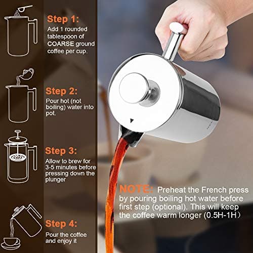 Secura French Press Coffee Maker, 304 Grade Stainless Steel Insulated Coffee Press with 2 Extra Screens, 17oz (0.5 Litre), Silver — view 5