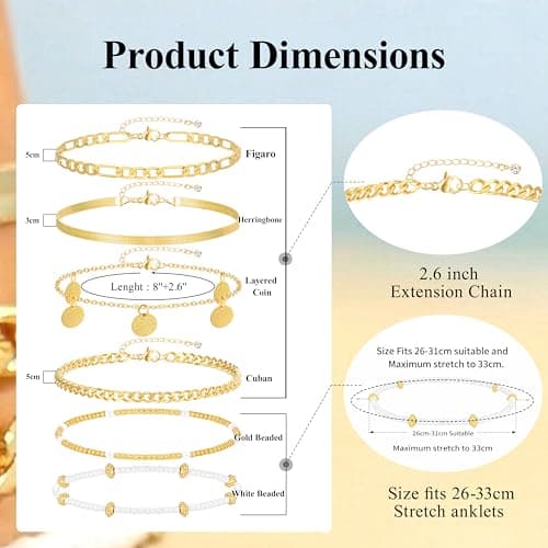 FAXHION Gold Ankle Bracelets for Women Waterproof, layered Coin Bead Cuban Link Chain Adjustable Anklets Set, Summer Boho Anklet Beach Jewelry Gift for Women — view 3