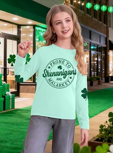 QAUN St Patricks Day Shirt Kids Shamrock Lucky Tshirt St Paddys Day Irish Shirts Graphic Tee Tops 5-14Y Cyan — view 3