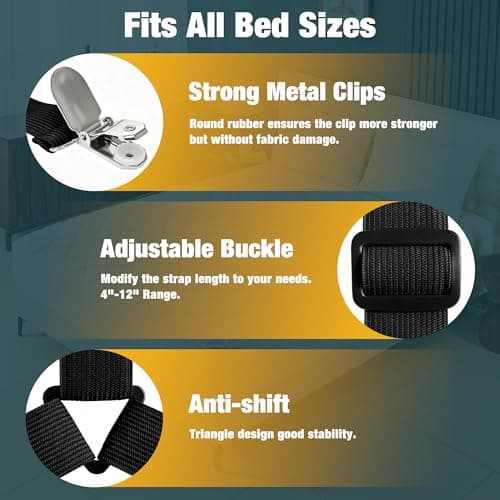 WHISPERING WONDER 4 Pack Bed Sheet Fasteners, Adjustable Mattress Cover Straps with Metal Clips, Elastic Bed Corner Holders, Non Slip Sheet Clips, Black Color — view 3