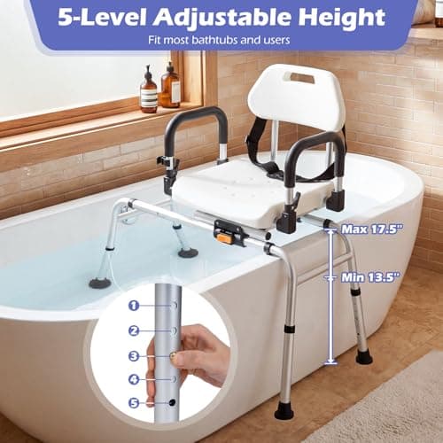 Giantex Sliding Shower Chair with Swivel Seat, Adjustable Height Tub Transfer Bench with Flip-Up Padded Armrests, Safety Belt, Wide Water-Draining Seat & Non-Slip Suction Feet for Seniors — view 3