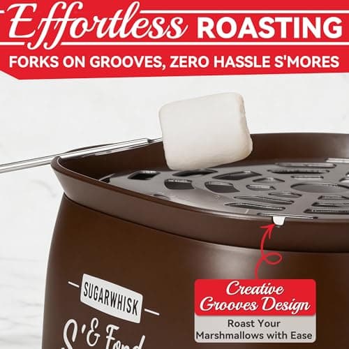 SugarWhisk 2 in 1 Electric Smore Maker & Fondue Set, Marshmallow Roaster with 4 Forks, Indoor Smores Kit for Kids & Couples, Cheese & Chocolate Fondue Pot, 4 Detachable Trays, Brown — view 3