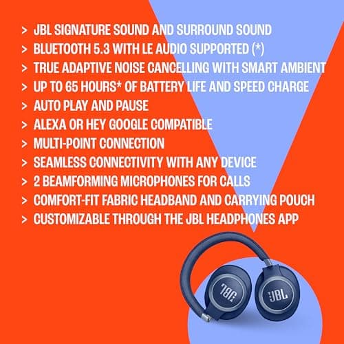 JBL Live 770NC - Wireless Over-Ear Headphones with True Adaptive Noise Cancelling with Smart Ambient, Up to 65 Hours of Battery Life, Comfort-fit Fabric Headband & Carrying Pouch (Blue) — view 5