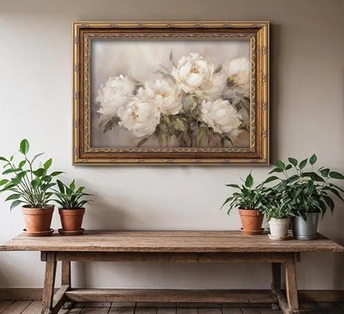 Vintage Gold Framed Vintage Flower Wall Art Retro White Floral Wall Decor Retro Peony Artwork Picture for Home Living Bedroom Farmhouse Hallway — view 7