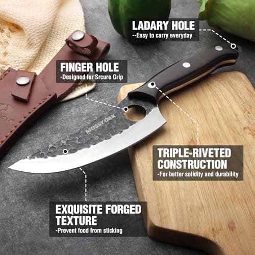 Mossy Oak Chef Knife, Kitchen Knife for Boning, Cutting, and Chopping, Hand Forged Viking Knife Full Tang Handle with Genuine Leather Sheath, Meat Cleaver Knife for Outdoor Cooking, Camping and BBQ — view 5
