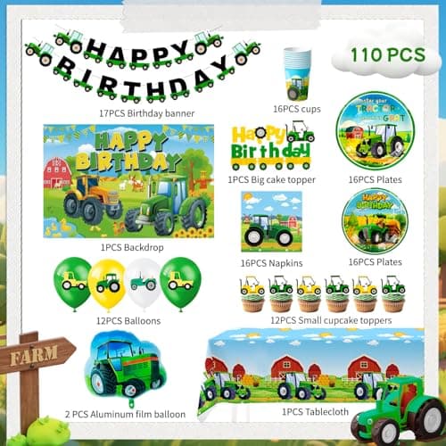 Tractor Birthday Party Decorations Supplies, 16 Guests Tractor Party Tableware Set Includes Tractor Plates Tablecloth Backdrop Balloons Cake Toppers etc Tractor Birthday Party Supplies
