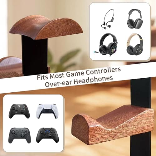 ManManLine Solid Wood Headphone Stand with Controller Holder, Space-Saving Dual Hanger & Gamepad Organizer for Desktop, Gaming Desk Accessories with Stable Base Storage