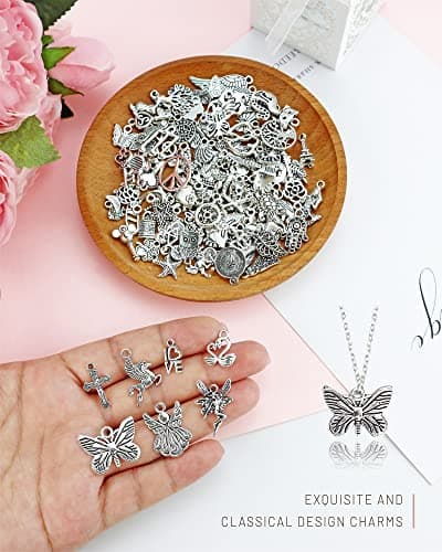 JIALEEY Wholesale Bulk Lots Jewelry Making Silver Charms Mixed Smooth Tibetan Silver Metal Charms Pendants DIY for Necklace Bracelet Jewelry Making and Crafting, 100 PCS — view 2