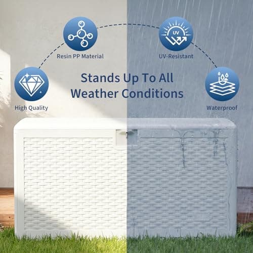 GarveeHome Outdoor Storage Box, 73 Gallon Deck Box, Waterproof Resin Patio Storage Box with Seat & Lockable Lid, Weather Resistant Organizer for Cushions, Tools, Pool Toys, White — view 3