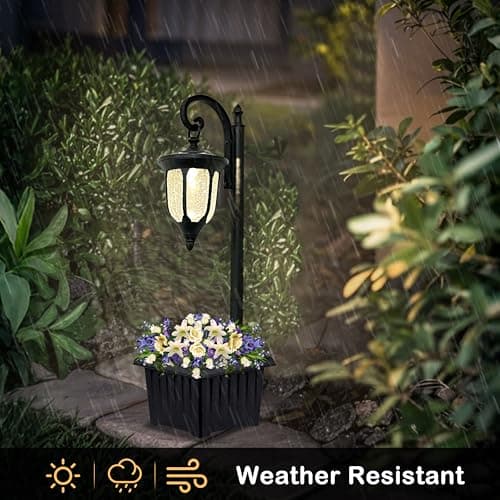 Yonaveil Solar Lamp Post Light with Planter, Outdoor Solar Lights with Crackle Glass, Matte Black Outdoor Flower Pots, Solar Post Lights Waterproof for Porch Garden Patio
