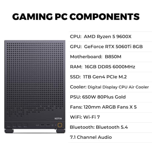 KOTIN Prebuilt Gaming PC Ryzen 5 9600X, 16GB DDR5, RTX 5060 Ti 8GB, 1TB SSD — view 2