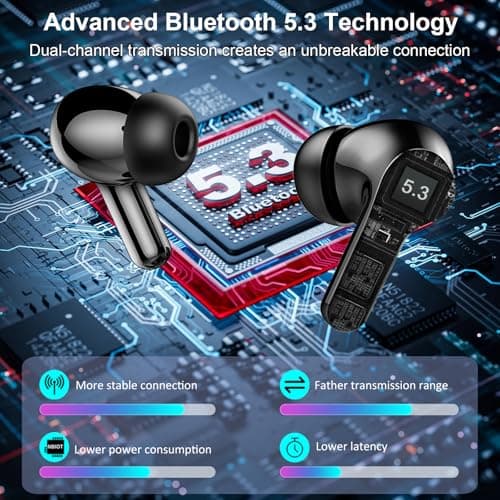 Wireless Earbuds, Bluetooth 5.3 Headphones Deep Bass HiFi Stereo, New Ear Bud with 4 ENC Noise Cancelling Mic, 40H Bluetooth Earbuds with LED Display IP7 Waterproof Wireless Earphones for Android/iOS — view 3