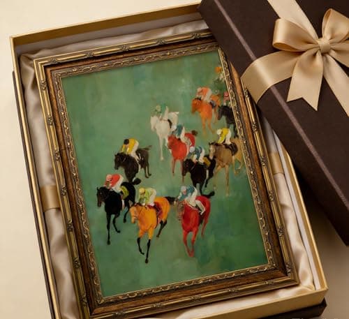Vintage Gold Framed Horse Racing Wall Art, Retro Equestrian Oil Painting Canvas Prints, Colorful Race Horses and Jockeys Wall Decor, Modern Equestrian Print Artwork for Living Room Bedroom Office Home Decor, 9x11in — view 3