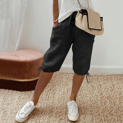 Bermuda Shorts for Women Knee Length 2026 Gaucho Pants Plus Size Linen Shorts Dressy Casual Summer Beach Capris Gauze Pedal Pushers with Pockets Linen Clothes for Seniors Bermudas para Mujer Black