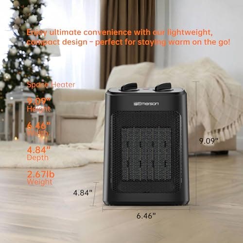 Emerson SH1501 1500W Electric Space Heater, Portable with 3 Level Thermostat, PTC Ceramic Fast Heating/Fan Modes, Indoor Use — view 4