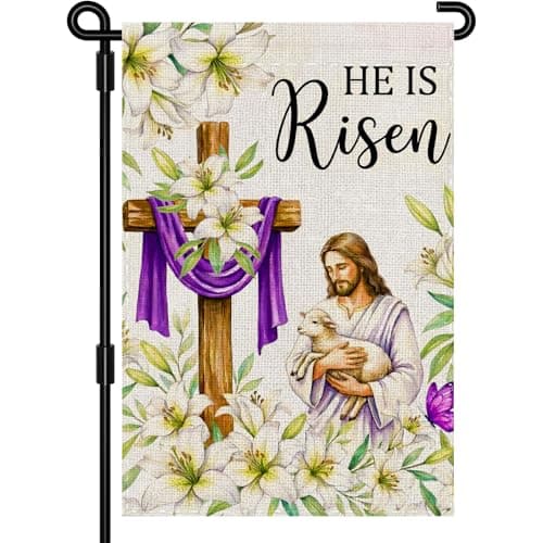 SMBLCE He Is Risen Easter Garden Flag 12x18 Inch Double Sided Outside flag, Jesus, Lamb, Cross, Bouquet of Lilies Yard Outdoor Easter Holiday Decoration