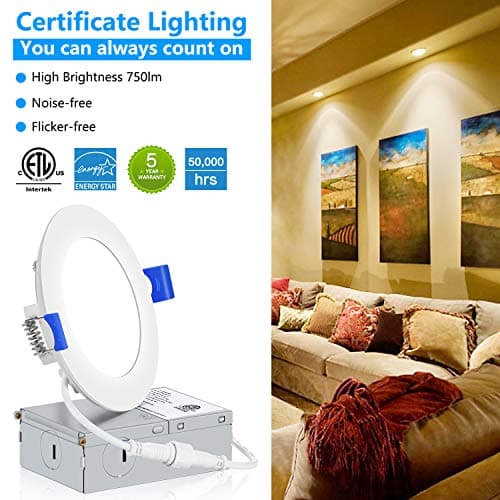INCARLED 4Inch 3CCT LED Recessed Slim Pot Lights with Junction Box, Dimmable IC Rated Ceiling Lighting 9W 750LM (6pack, 5000K/4000K/3000K-3CCT) — view 5