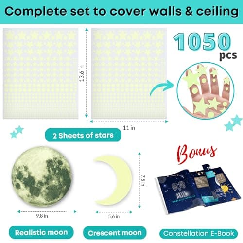 LUMOSX Glow in The Dark Stars for Ceiling - 1050pcs w/Moons + Ebook, Glow in The Dark Stickers of Ceiling Stars Glowing Star Decal Decoration, Star Ceiling for Kids Room Decor Kids — view 3
