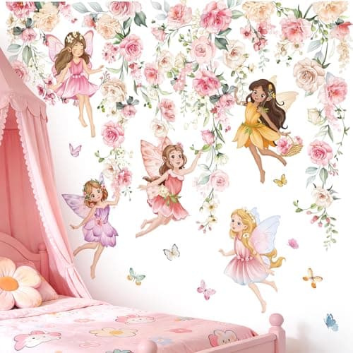 wondever Watercolor Flower Fairy Wall Stickers Pink Floral Girls Butterfly Peel and Stick Wall Art Decals for Baby Nursery Kids Room Girls Bedroom — view 2