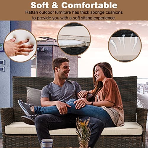 BestOffice Patio Furniture 4 Pieces Outdoor Indoor Use Rattan Chairs Wicker Patio Loveseats Conversation Sets with Table and Beige Cushions for Backyard Lawn Porch Garden Balcony,Brown — view 5