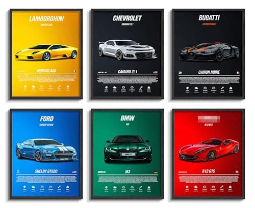 HTTART Car Posters Wall Art Set of 6, Colorful Supercar Canvas Wall Decor Paintings, Vintage Race Car Aesthetic Prints Pictures for Boys Room Men Room Bedroom Dorm 8x10Inch Unframed