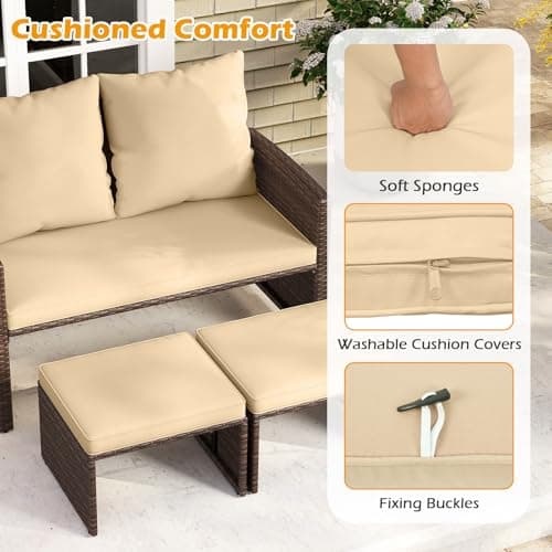 Tangkula Outdoor Loveseat with 2 Ottomans, 3 Pieces Patio PE Wicker Furniture Set with Cushions, Outside Rattan Conversation Set for Balcony, Garden and Backyard (Brown) — view 7