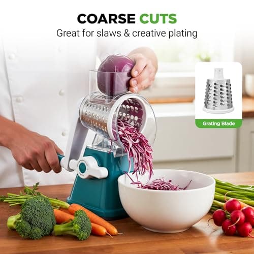 Nutrichef 3 in 1 Cheese Grater & Shredder | Strong Suction Base, Rotary Handle with Safety Lock | Includes Hand Crank & 3 Drum Blades for 3 Textures, Fine, Medium & Strips | Teal — view 4