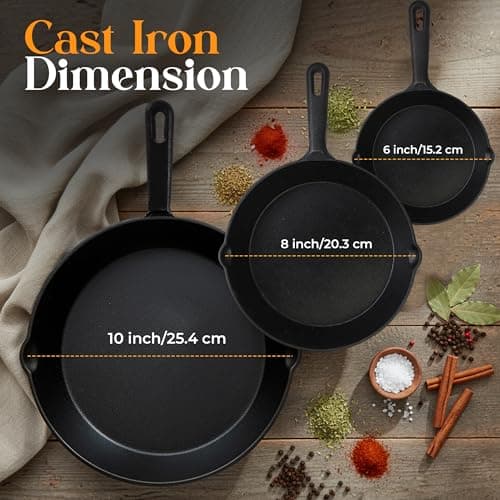 Utopia Kitchen Premium Cast iron Skillets 3 Piece Set, Chef's Pan, Pre Seasoned Frying Pan, 6, 8 & 10 Inches, PFAS-Free, Stovetop, Campfire & Grill Large Skillet, Even Heat Distribution Cast Iron Pan — view 3