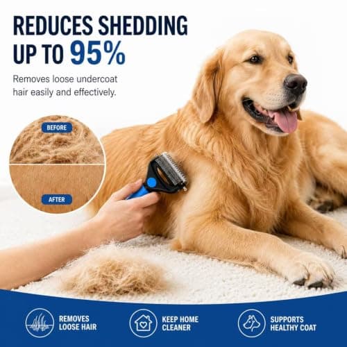 KIVMTAR Deshedding Dog Brush，3-in-1 Undercoat Rake for Dogs，Pet Pro Grooming Tool – Ultimate Dematting Comb & Deshedding Brush for Cats and Dogs, Perfect for Shedding & Detangling (Blue) — view 4