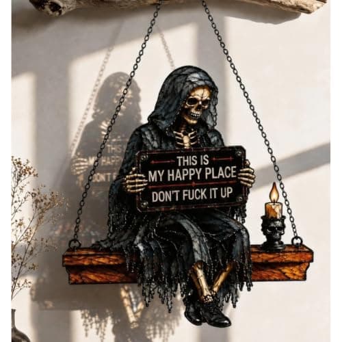 Gothic Skeleton Sun Catcher Handmade Stained Glass Spinner, This is My Happy Place Skeleton Hanging Indoor Window, Funny Sun Catchers Gothic Decor Horror Gifts for Women Men Friend — view 2