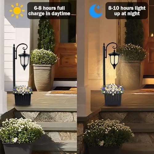 Yonaveil Solar Lamp Post Light with Planter, Outdoor Solar Lights with Crackle Glass, Matte Black Outdoor Flower Pots, Solar Post Lights Waterproof for Porch Garden Patio — view 3