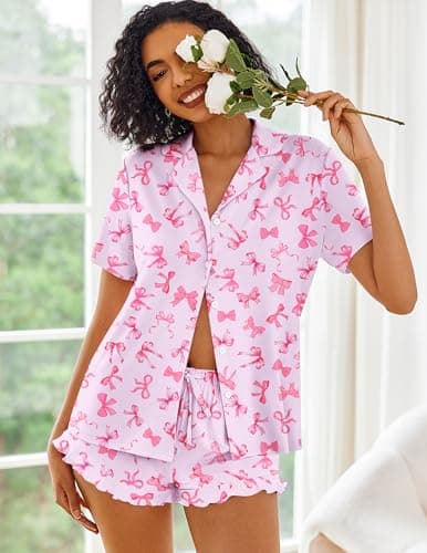 Ekouaer Pajamas Set for Women Short Sleeve Sleepwear Button Down Pjs Lounge Sets Soft Nightwear Bow Small
